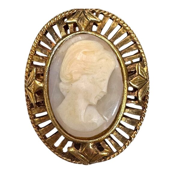 Vintage Gold Tone Cameo Brooch & Earring Set Victorian Style Revival Jewelry - Picture 8 of 9